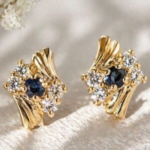Vintage Sapphire Crystal Stud Earrings Gold Tone Halo Gift Boxed New Old Stock